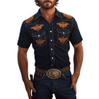 Men's Denim Shirt | Retro Western Cowboy Style | Slim Fit | Short Sleeve | Washed Denim | Embroidery Details | Metal Button Closure | Spring and Summer Fashion | Casual Versatile Shirt