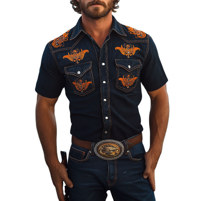 Men's Denim Shirt | Retro Western Cowboy Style | Slim Fit | Short Sleeve | Washed Denim | Embroidery Details | Metal Button Closure | Spring and Summer Fashion | Casual Versatile Shirt