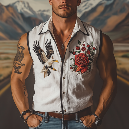 Men's Sleeveless Shirt | Retro Western Style | Rose & Eagle Embroidery | Cotton Linen Blend | Summer Fashion | Casual Wear | Breathable Fabric | Lightweight & Comfortable | Versatile Styling | Relaxed Fit
