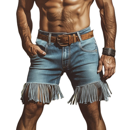 Men's Vintage Denim Fringe Shorts | Western Cowboy Style | Classic Fit | Durable Fabric | Fringe Detailing | Deep Pockets | Zipper Fly | Button Closure | Machine Washable | Casual Festival Wear