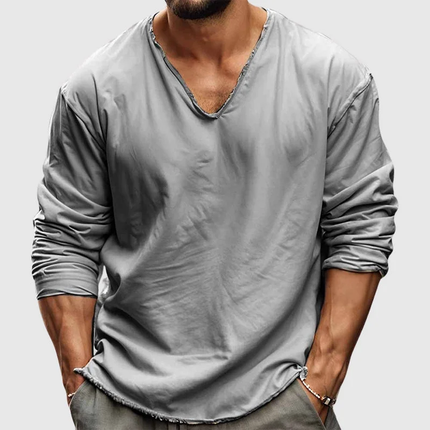 Men's V Neck Long Sleeve T-Shirt | Solid Color | Rolled-Up Sleeves | Loose Fit | Casual Comfort | Versatile Everyday Top
