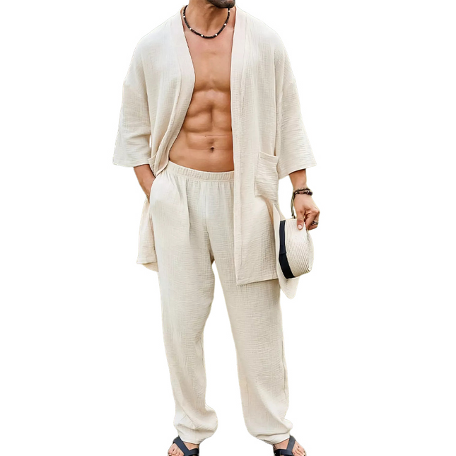Men's Shirt and Pants Set | Skin-Friendly Textured Fabric | Casual Comfort | Classic Relaxed Fit | Tailored Soft Pants | Versatile Everyday Wear | Long Sleeve V-Collar Shirt | Breathable Material | Multiple Sizes Available