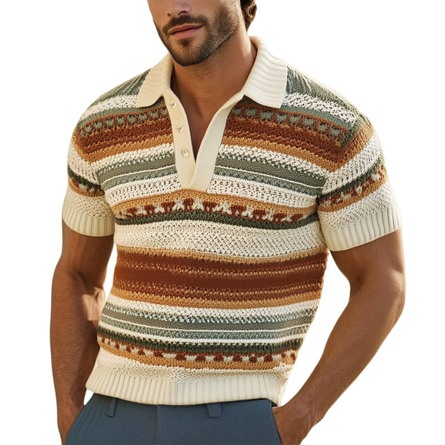Men's Polo Neck T-Shirt | Colorful Striped Knit | Summer Fashion | Breathable Fabric | Short Sleeve | Tailored Fit | Casual & Smart-Casual Wardrobe | Sizes S-3XL