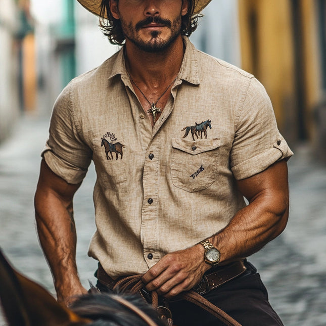 Men's Western Style Embroidered Short Sleeve Lapel Shirt | Breathable Fabric | Stylish Design | Ideal for Casual & Semi-Formal Wear | Perfect with Jeans or Chinos | Comfortable Fit | Fashionable Details