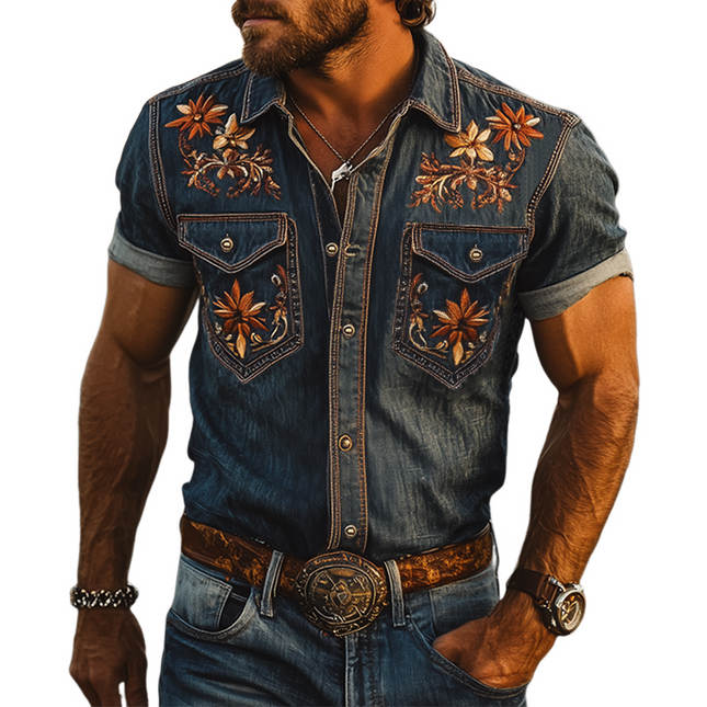 Men's Vintage Western Denim Shirt | Embroidered Cowboy Style | Summer Short Sleeve Fashion | Classic Retro Design | Premium Breathable Fabric | Easy Style for Casual Outings