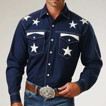 Men's Vintage Western Cowboy Shirt | Star Embroidered Lapel | Long Sleeve | High-Quality Cotton | Tailored Fit | Available in S to 3XL | Ideal for Casual & Western-Themed Events | Classic Charm & Modern Comfort
