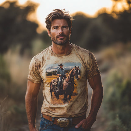 Men's Western Retro Print T-Shirt | Round Neck | Cowboy Style | Summer Casual Shirt | Soft Cotton-Blend | Short Sleeves | Comfortable Fit | S-3XL