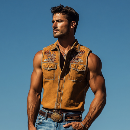 Men's Vintage Western Sleeveless Shirt | Cotton Washed | Floral Embroidery | Lapel & Chest Pocket | Slim Fit | Rugged Elegance | Summer Essential | Western Aesthetic | Versatile Casual & Smart-Casual Wear