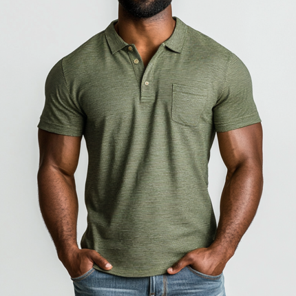 Men's Premium Cotton Slim Fit Polo Shirt | Striped Lapel | Patch Pocket | Short Sleeve | Casual Fashion