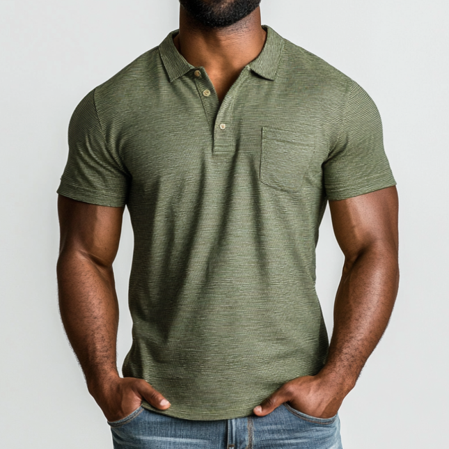 Men's Premium Cotton Slim Fit Polo Shirt | Striped Lapel | Patch Pocket | Short Sleeve | Casual Fashion