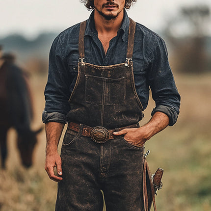 Men's Denim Overalls | Retro Western Cowboy Style | Durable High-quality Fabric | Adjustable Straps | Functional Pockets | Relaxed Fit | Vintage-inspired Design | Versatile Wardrobe Essential