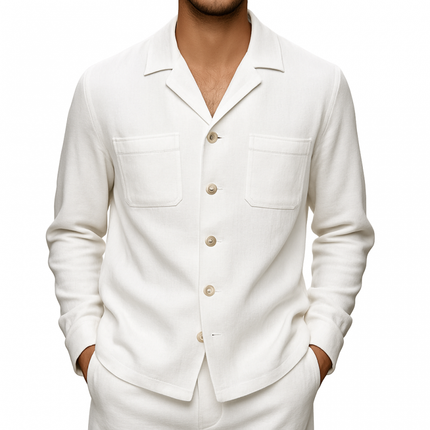Men's Breathable Cotton Linen Shirt | Notched Lapel | Single Breasted | Patch Pocket Design | Loose Fit | Long Sleeve | Casual & Comfortable | Ideal for Warm Weather & Outdoor Activities