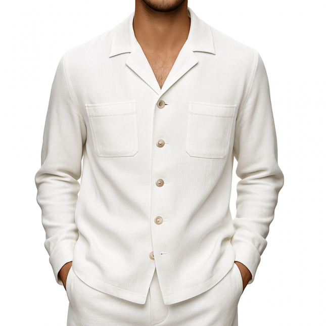 Men's Breathable Cotton Linen Shirt | Notched Lapel | Single Breasted | Patch Pocket Design | Loose Fit | Long Sleeve | Casual & Comfortable | Ideal for Warm Weather & Outdoor Activities