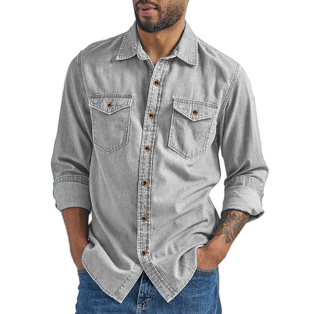 Men's Vintage Denim Shirt | Long Sleeve | Solid Color | Loose Fit | Casual Button-Down | Classic Collar | Durable Fabric | Versatile Wardrobe Staple