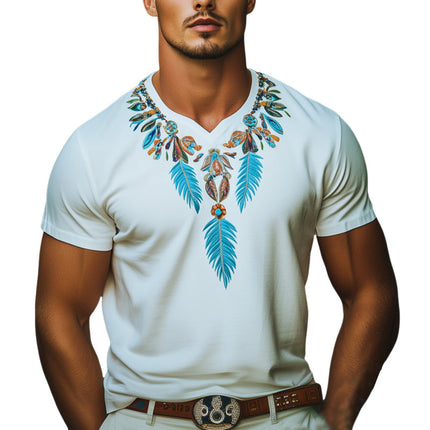 Men's Summer T-Shirt | Indian Style Embroidered Short Sleeve | Lightweight Cotton Blend | Crew Neck | Cultural Elegance | Casual Wear | Multiple Sizes