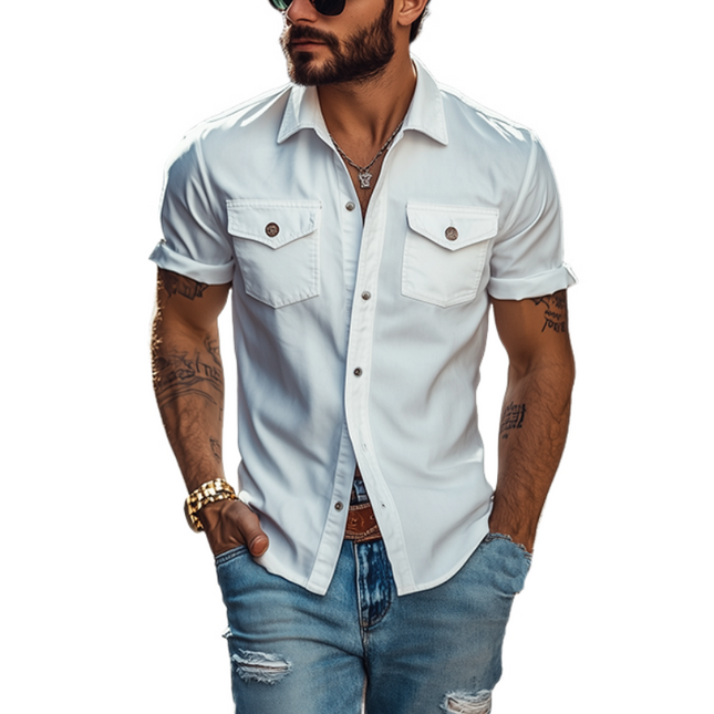 Men's Slim Fit Short Sleeve Shirt | Classic Casual Solid Color | Polyester Cotton Blend | Multi-Pocket Design | Comfortable & Durable | Perfect for Everyday Wear