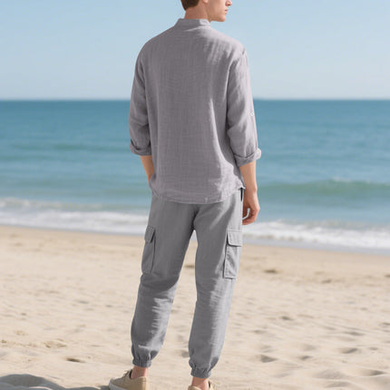 Men's Cotton Linen Long-Sleeve Shirt Trousers Set | Casual Breathable Outfit | Neutral Tone Options | Comfortable Fit for Everyday Wear