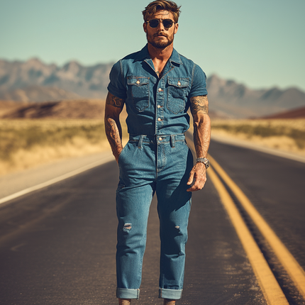 Men's Premium Denim Jumpsuit | Retro Western Cowboy Style | Summer Fashion | High-Quality Fabric | Pointed Yokes | Snap Buttons | Tailored Fit | Versatile Styling | Durable & Lightweight | Practical Design