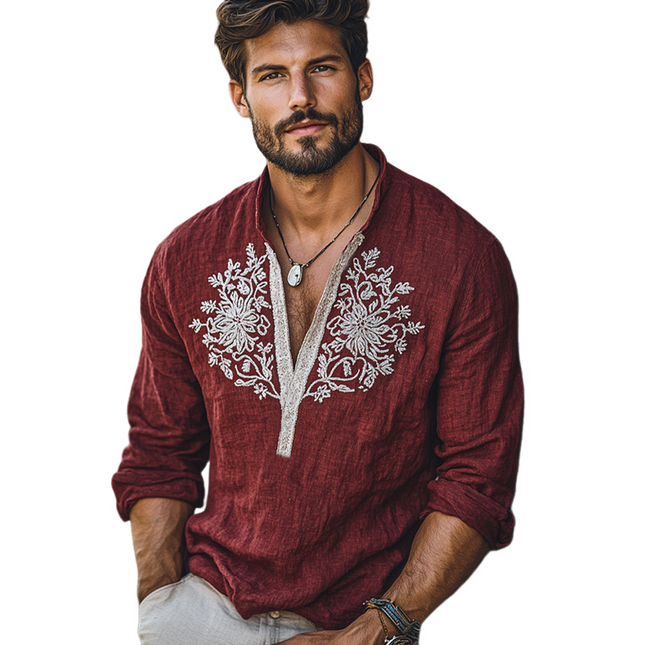 Men's Vintage Dark Red T-Shirt | Deep V-Neck | Long Sleeve | Intricate Embroidery | High-Quality Cotton Blend | Stylish Casual or Sophisticated Wear | Available in Sizes S to 3XL