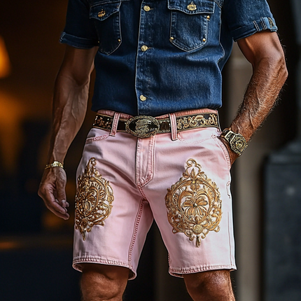 Men's Vintage Style Denim Shorts | Retro Embroidered | Straight-Leg Cut | Comfortable Fit | Casual Summer Wear | Durable Fabric | Above-the-Knee Length | Regular Waistband | Belt Loops | Multiple Sizes