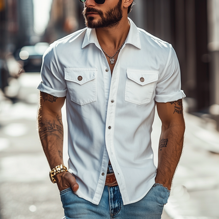 Men's Slim Fit Short Sleeve Shirt | Classic Casual Solid Color | Polyester Cotton Blend | Multi-Pocket Design | Comfortable & Durable | Perfect for Everyday Wear