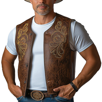 Men's Western Cowboy Leather Vest | Embroidered Summer Style | High-Quality Durable Leather | Lightweight & Breathable | Button-Down Closure | Traditional Western Patterns | Stylish Outerwear