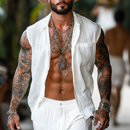 Men's Summer Set | Cotton Linen Sleeveless Shirt | Stand Collar | Elastic Waist Shorts | Breathable Casual Outfit | Beach Days | Relaxed Fit | Lightweight Fashion