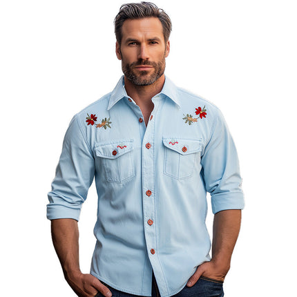 Men's Denim Shirt | Embroidered Long Sleeve | Summer Fashion | Casual & Dressy | Breathable Material | Regular Fit | Versatile Style | Durable & Comfortable | Button-Up Closure | Trendy Men's Tops