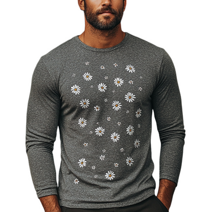 Men's Crew Neck Long Sleeve T-shirt | Daisy Embroidery | Soft Blended Fabric | Comfortable Breathable Fit | Casual Style for Every Occasion | Sizes S-3XL | Versatile Layering Shirt