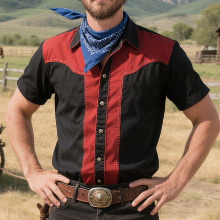 Men's Retro Western Colorblock Lapel Short Sleeve Shirt | Cowboy Style Casual Top | Vintage Flair | High-Quality Breathable Cotton | Different Sizes | Spring Summer Wear | Tailored Fit | Bold Accents