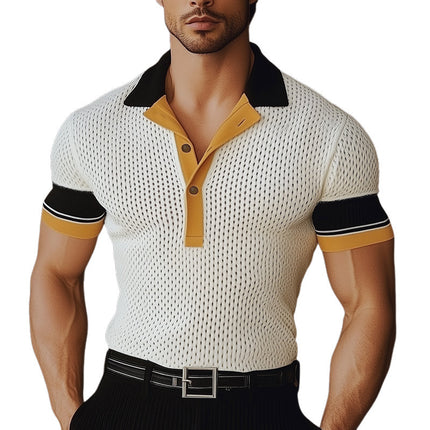 Men's Polo Shirt | Business Style | Colorblock Design | Comfortable Knitted Mesh | Breathable Cotton Polyester | Short Sleeves | Classic Polo Collar | Versatile for Office & Casual | Sizes S-3XL