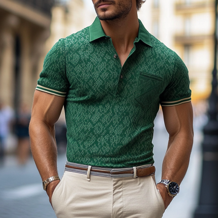 Men's Vintage Print Polo Shirt | Short Sleeve | Chest Pocket | Lapel Detail | Retro Style | Casual Fashion | Breathable Fabric | Comfortable Fit | Ideal for Outings & Gatherings