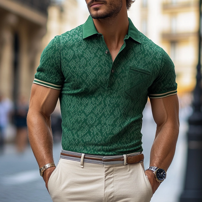 Men's Vintage Print Polo Shirt | Short Sleeve | Chest Pocket | Lapel Detail | Retro Style | Casual Fashion | Breathable Fabric | Comfortable Fit | Ideal for Outings & Gatherings