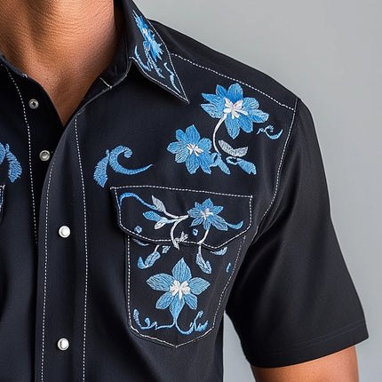 Men's Floral Embroidery Short Sleeve Shirt | Western Style | Summer Fashion Blended Fabric | Elegant & Comfortable | Tailored Fit | Versatile Design