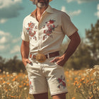 Men's Short Sleeve Shirt and Shorts Set | Western Cowboy Style | Retro Embroidery | Summer Fashion | Lightweight Cotton-Polyester Blend | Lapel Collar | Functional Pockets | Casual Outfit | Sizes S-3XL