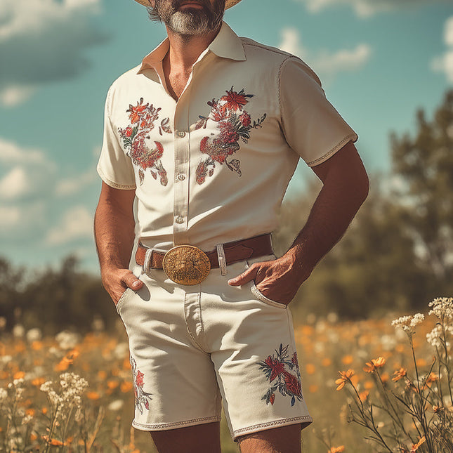 Men's Short Sleeve Shirt and Shorts Set | Western Cowboy Style | Retro Embroidery | Summer Fashion | Lightweight Cotton-Polyester Blend | Lapel Collar | Functional Pockets | Casual Outfit | Sizes S-3XL