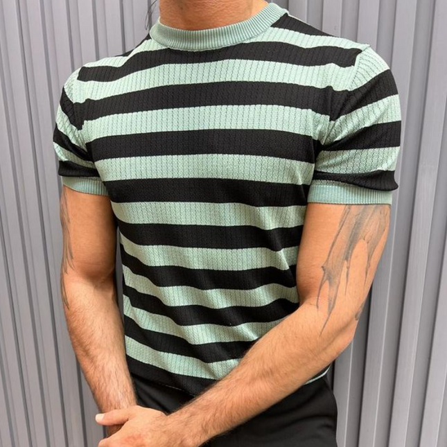 Men's Striped Breathable Knitted T-Shirt | Casual Contrast Colors | Short Sleeve Round Neck | Versatile Everyday Layer | Summer Essential | Comfortable Lightweight Fashion