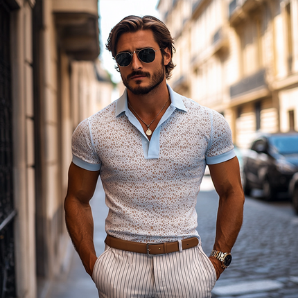 Men's Stylish Lace Lapel Polo Shirt | Short Sleeve Casual Wear | Breathable Fabric | Elegant Design | Versatile Fashion | Cotton Blend | Multiple Sizes | Smart Casual Polo