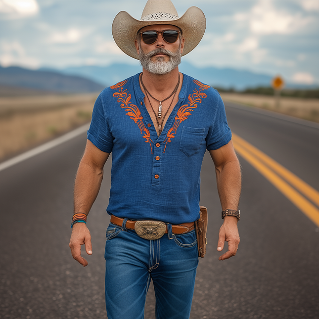 Men's Casual Retro Western Cowboy T-Shirt | Cotton Linen Blend | Embroidered Henley Collar | Short Sleeve Top | Spring Summer Vacation Style | Breathable Fabric | Comfortable Fit
