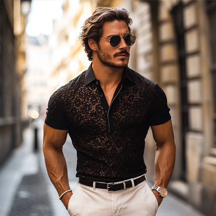Men's Lace Lapel Polo Shirt | Short Sleeve | Casual Fashion | Soft Breathable Fabric | Button Placket | Solid Color | Elegant Collar Detail | Regular Fit | Ideal for Warm Weather | Multiple Sizes Available