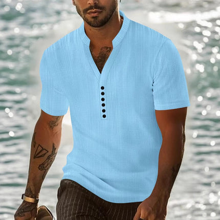Men's Short Sleeve Solid Color T-Shirt | Casual Pullover with Button Detail | Comfortable Cotton Blend | Modern Fit | Versatile Wardrobe Essential | Stylish Neckline | Ideal for Warm Weather | MTA0625E4X