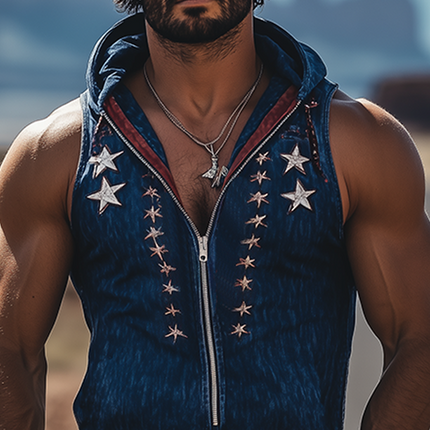 Men's Denim Hooded Tank Top | Western Cowboy Style | Spring & Summer Fashion | Embroidered Deep V Neck | Slim Fit & Zipper | Sleeveless Casual Retro Top