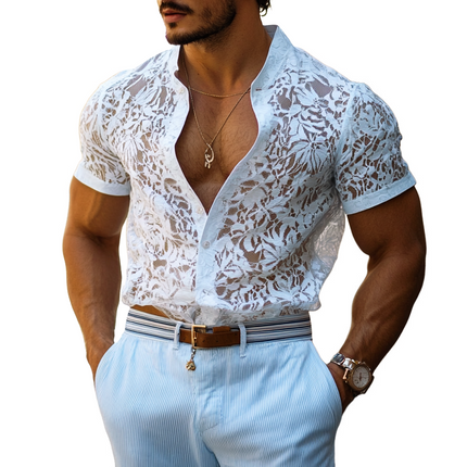 Men's Casual Shirt | Short Sleeve | Stand Collar with Lace Detail | Breathable Fabric | Button-Front | Elegant Design | Perfect for Casual Outings & Social Events | Comfort Fit | Stylish Weekend Wear