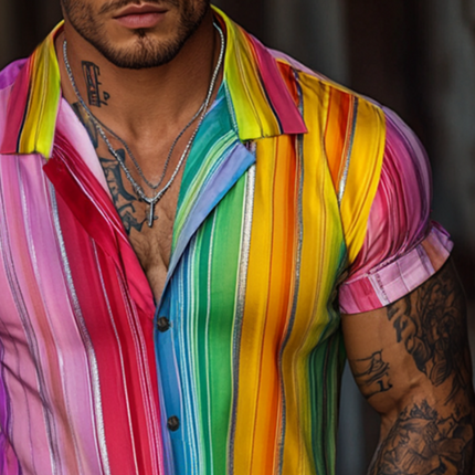 Men's Retro Rainbow Stripe Shirt | Short Sleeve Lapel | Vintage-Inspired Casual Top | Breathable Cotton | Vibrant Patterns | Spring Summer Style | S to 3XL