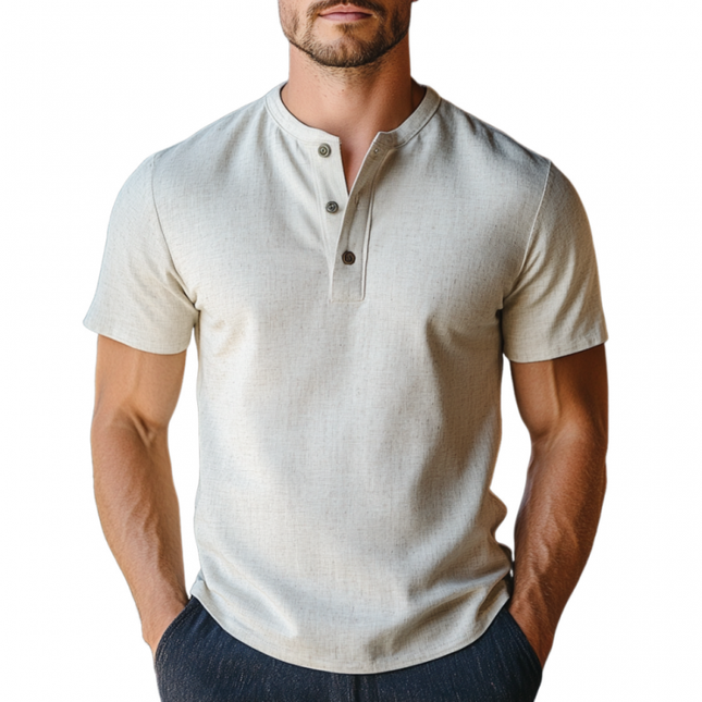 Men's Linen Blend Casual Shirt | Breathable Short Sleeve | Henley Collar | Slim Fit | Lightweight & Moisture-Wicking | Ideal for Warm Weather | Versatile & Stylish | Comfortable Modern Fit