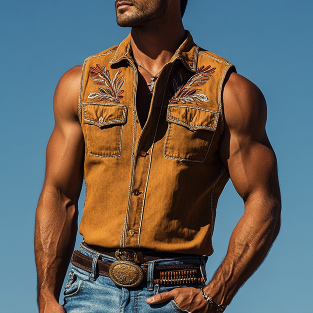 Men's Vintage Western Sleeveless Shirt | Cotton Washed | Floral Embroidery | Lapel & Chest Pocket | Slim Fit | Rugged Elegance | Summer Essential | Western Aesthetic | Versatile Casual & Smart-Casual Wear