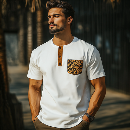 Men's Retro Western Cowboy T-Shirt | Spring Summer Fashion | Slim Fit Henley Collar | Leopard Print Cotton Blend | Short Sleeve | Chest Pocket