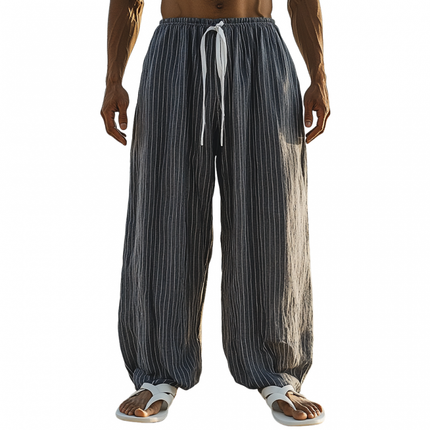 Men's Cotton Linen Pants | Breathable Stripes | Elastic Waist | Loose Wide Leg | Casual Style | Premium Fabric | Comfortable Fit | Side Pockets | Versatile Wardrobe Essential | Easy Maintenance | Multiple Sizes Available