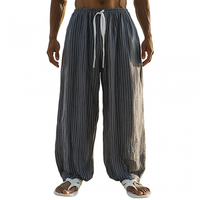 Men's Cotton Linen Pants | Breathable Stripes | Elastic Waist | Loose Wide Leg | Casual Style | Premium Fabric | Comfortable Fit | Side Pockets | Versatile Wardrobe Essential | Easy Maintenance | Multiple Sizes Available