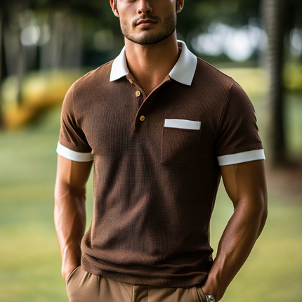 Men's Polo Shirt | Slim Fit | Short Sleeve | Cotton Blend Waffle Texture | Colorblock Design | Lapel Collar | Casual & Versatile | Breathable & Comfortable | Outdoor & Weekend Style